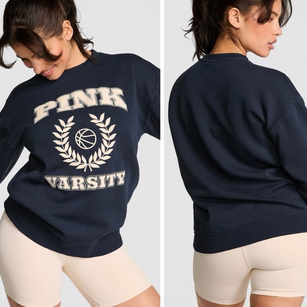PINK Varsity Victoria's Secret Navy Blue Sweatshirt Size Medium Crew - Picture 1 of 6